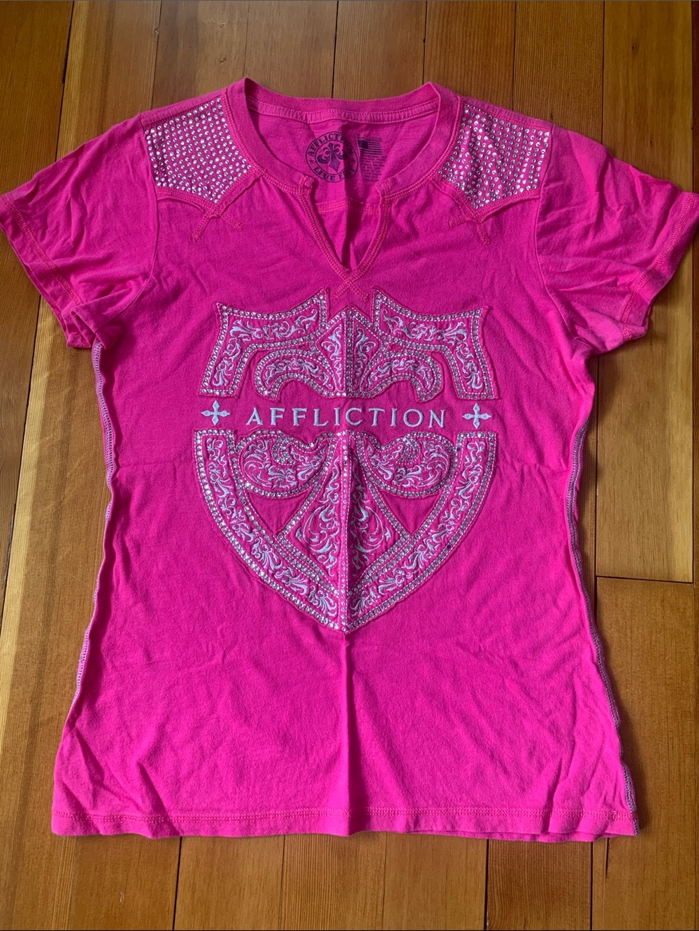 Affliction Women's Hot Pink Studded Shield V-Neck Tee